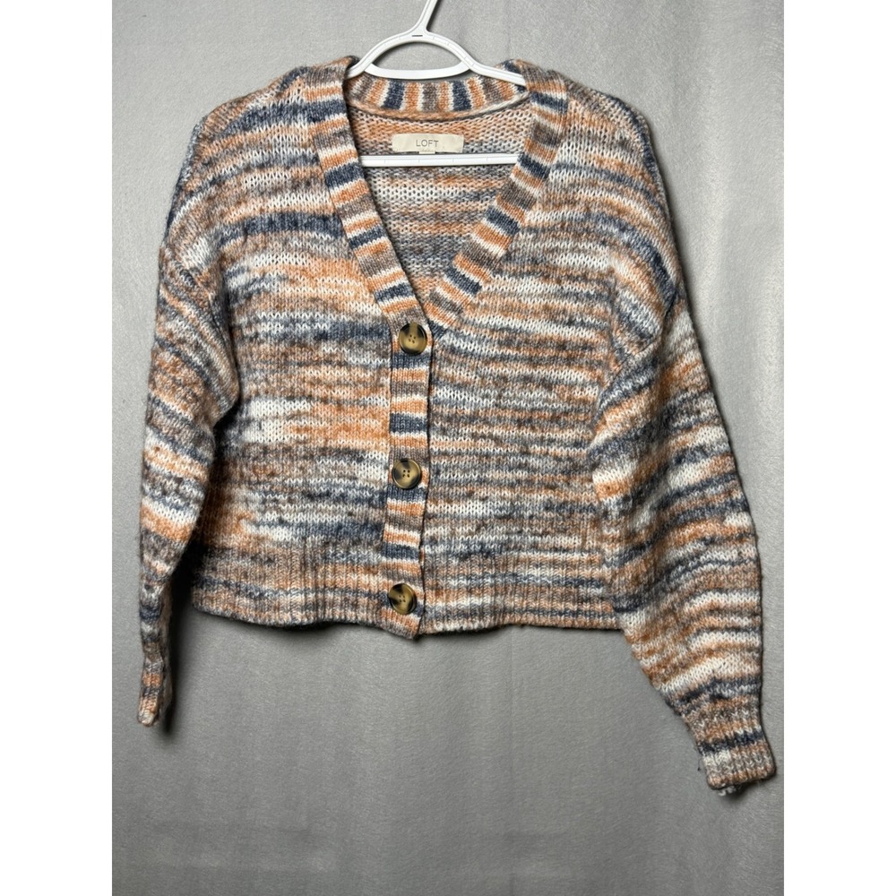 Loft Womens Space Dye Knit Cardigan Sweater Orange Blue Wool Blend Medium